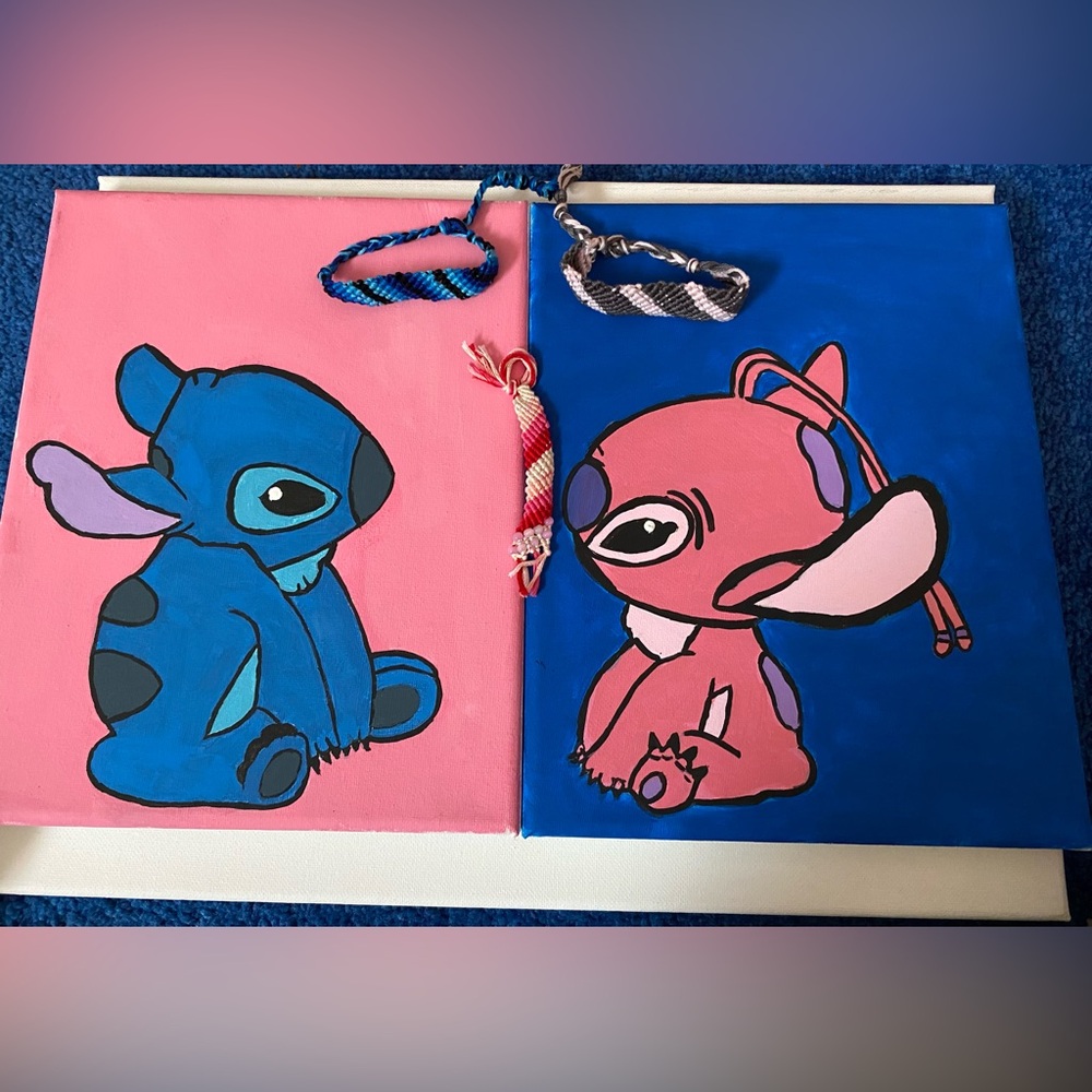 Set of Two Amateur Paintings: Stitch and Angel with 2 Adjustable Yarn Bracelets